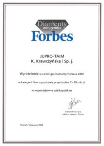 Dyplom od Diamenty Forbsa jako Najlepsza firmaw Wielkopolsce. 